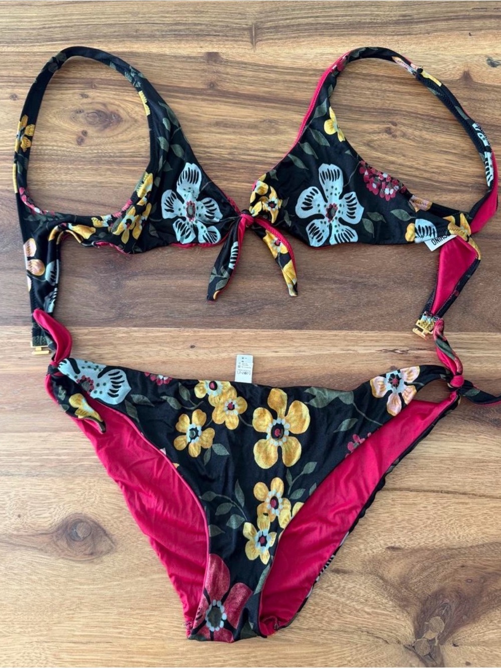 Moschino Black Floral Tie-Front Bikini with Red Lining vintage